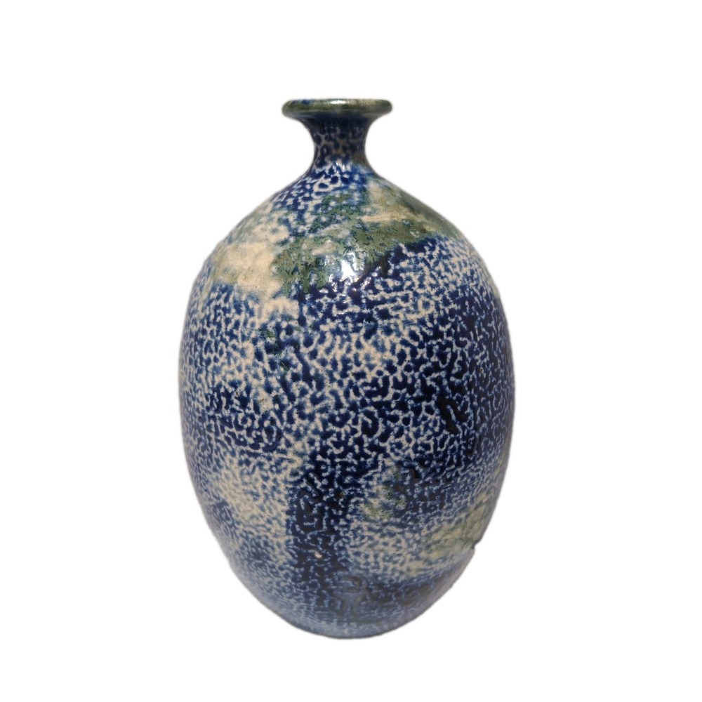 1980 Handmade Vase Pottery Signed Jane Blue Gree Retro Vintage Textured Glazed